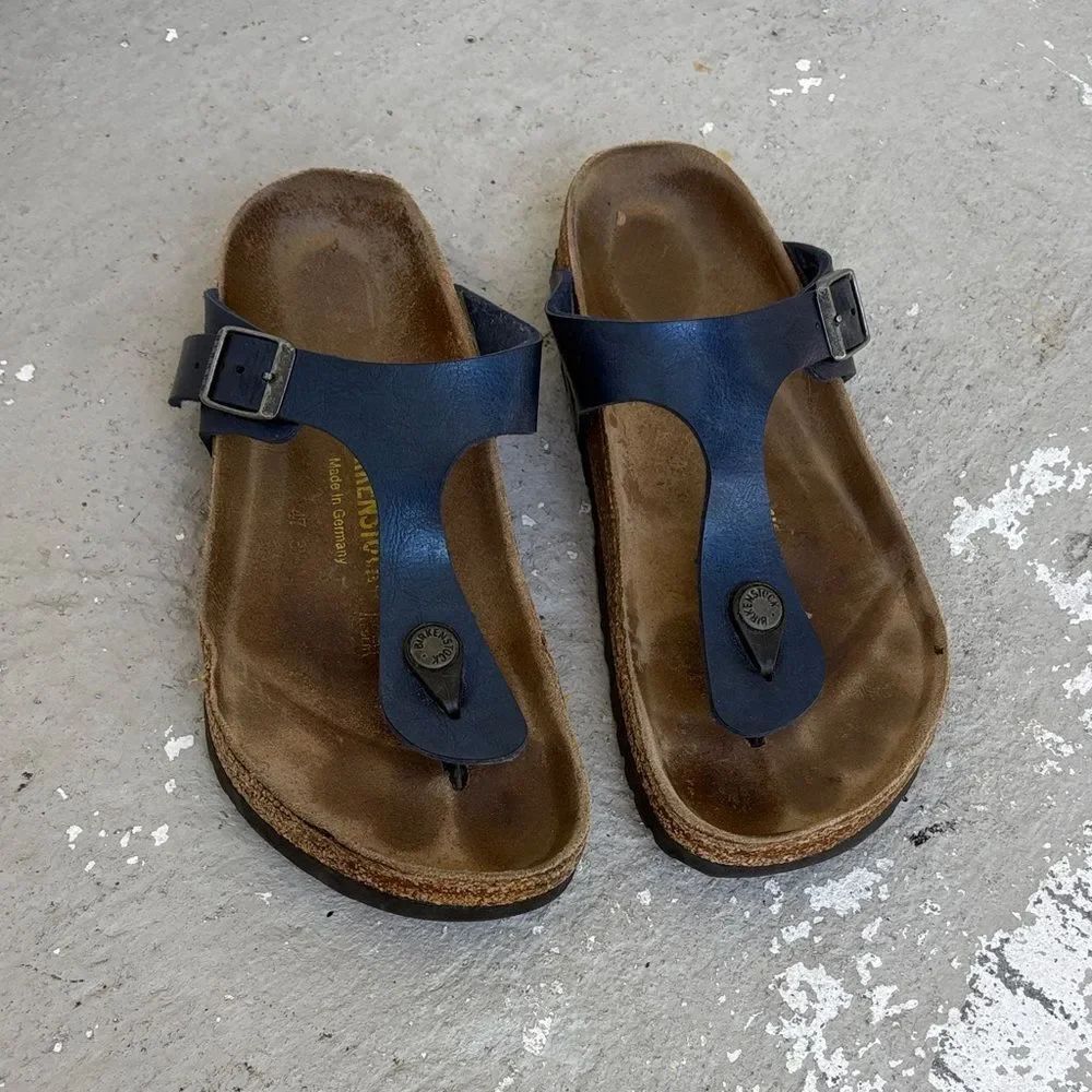 Birkenstock metallic blue thong sandals
